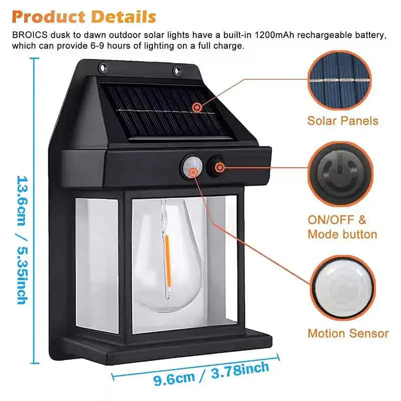 A black solar motion sensor LED wall light with a glass globe and solar panels.