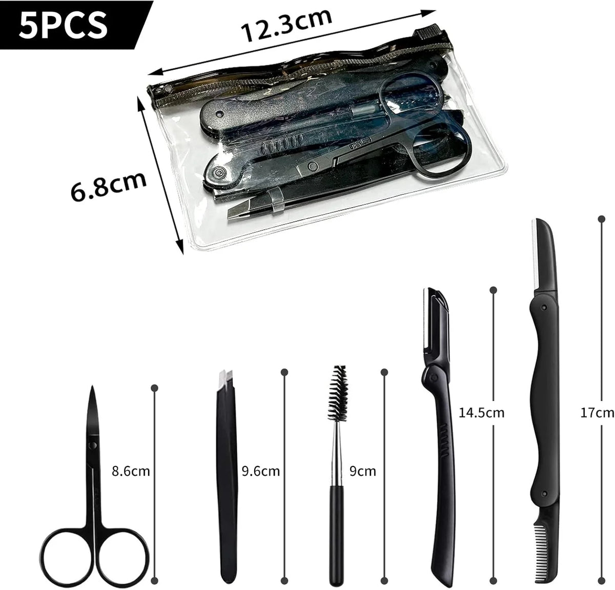 A set of five professional eyebrow trimming tools including scissors, tweezers, and various trimming blades.