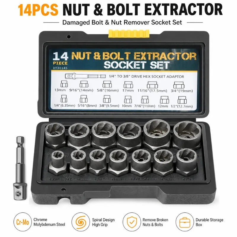 A black nut and bolt extractor socket set with 14 pieces shown in an open case.