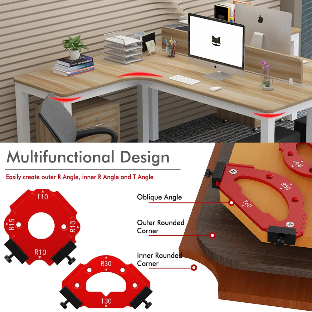 Precision radius jig for woodworking showing various angles like R10, T10, R15, and R30 on a red jig.