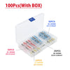 A clear plastic box containing various heat shrink butt crimp terminals in different sizes and gauges.