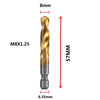 An M8x1.25 tap and drill bit set shown with dimensions of 8mm and 57mm.