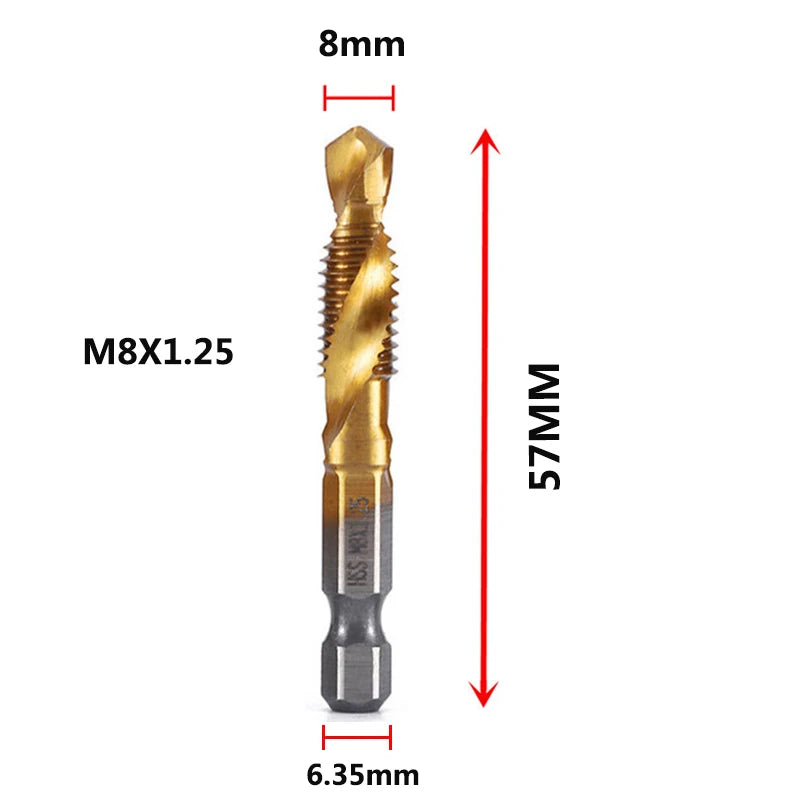 An M8x1.25 tap and drill bit set shown with dimensions of 8mm and 57mm.