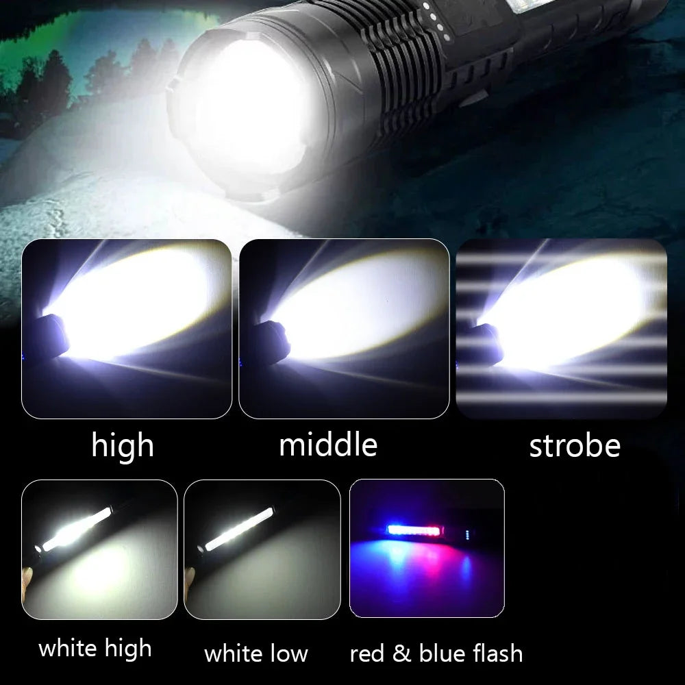 Images showing different flash modes of a high-power tactical LED flashlight including high, middle, strobe, white high, whit