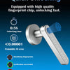 Close-up of a silver fingerprint unlocking mechanism on a door lock.