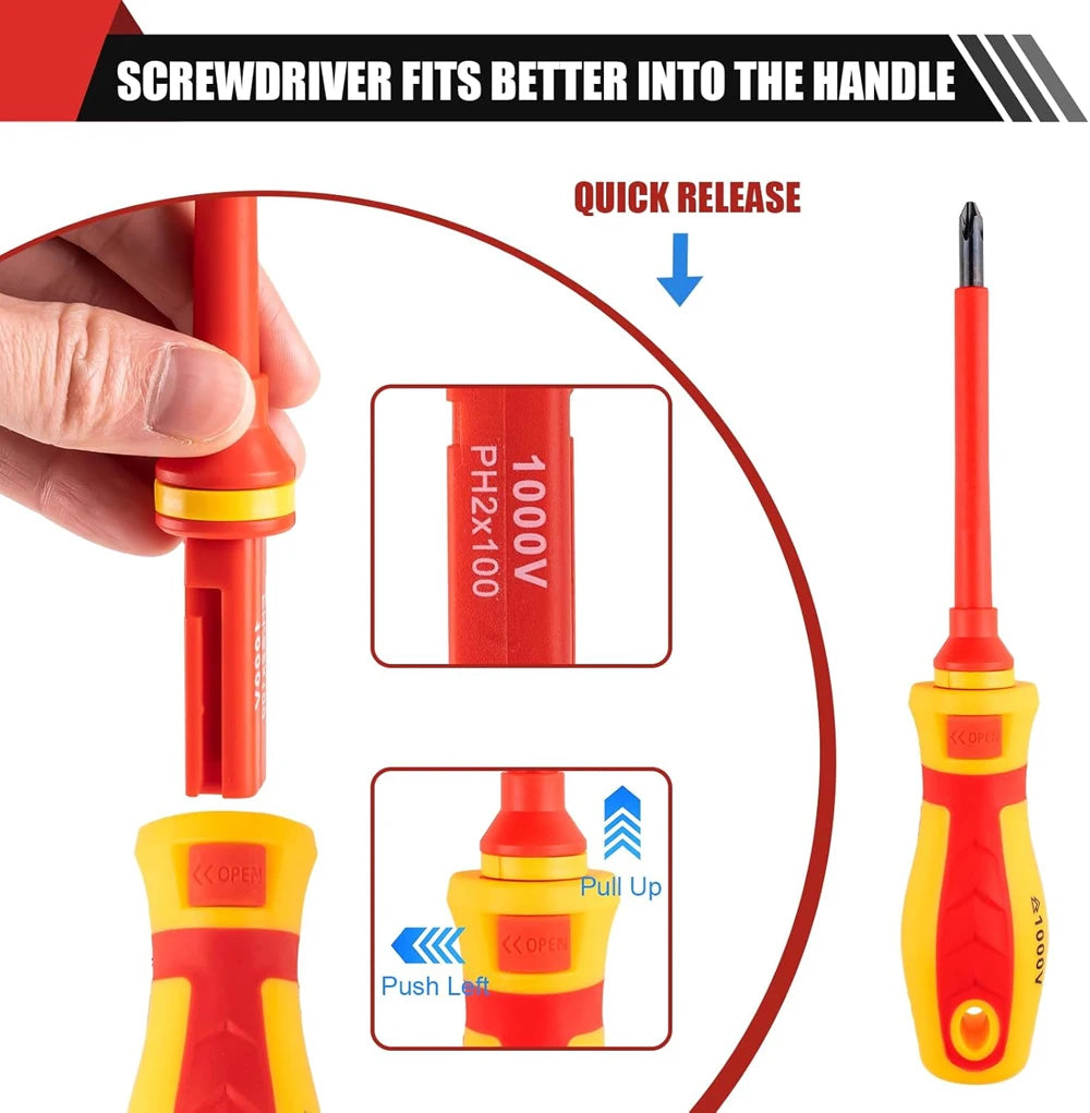 A red and yellow insulated magnetic screwdriver set with a quick release mechanism shown in detail.
