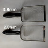 Two stainless steel cat litter scoops are shown, one measuring 3.8mm and the other 2.8mm.