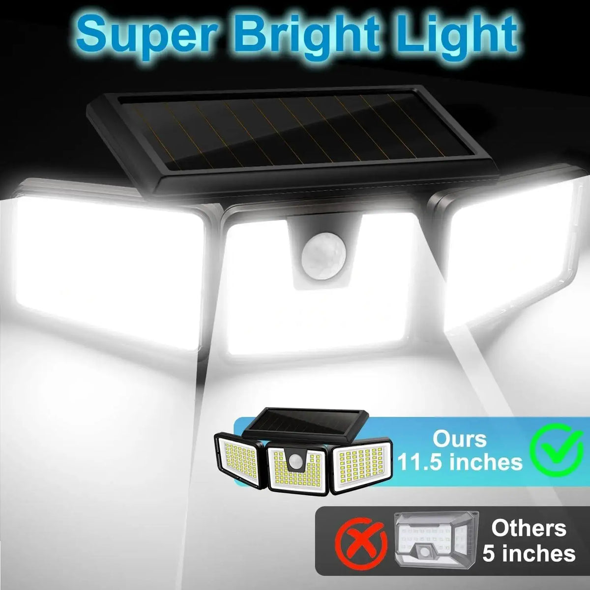 Installation lumineuse solaire avec panneau et LED, comparaison de la taille de 11,5 pouces