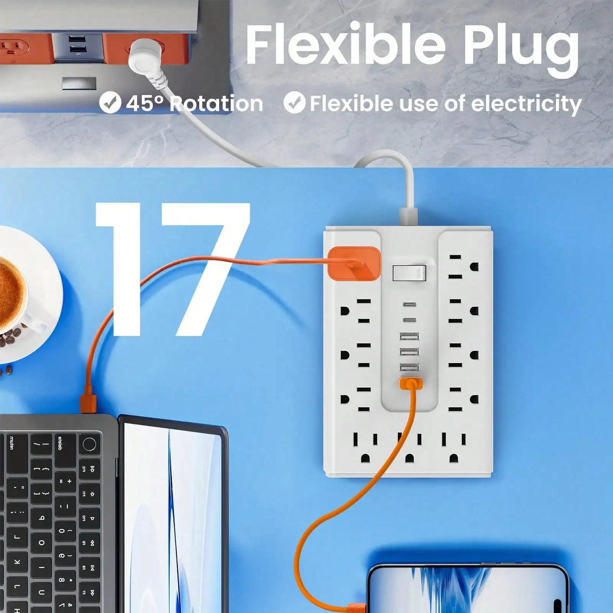A white multi-port power strip with orange cords is shown plugged into a blue surface next to a keyboard and smartphone.