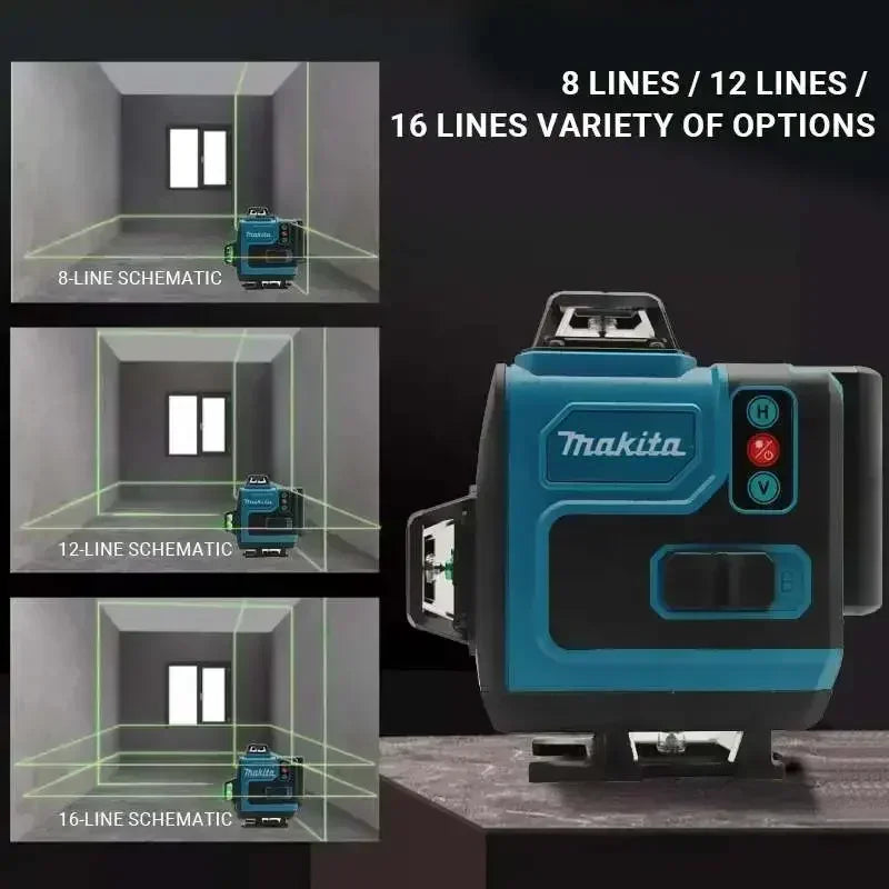 A Makita professional green laser level device shown in various line schematics.