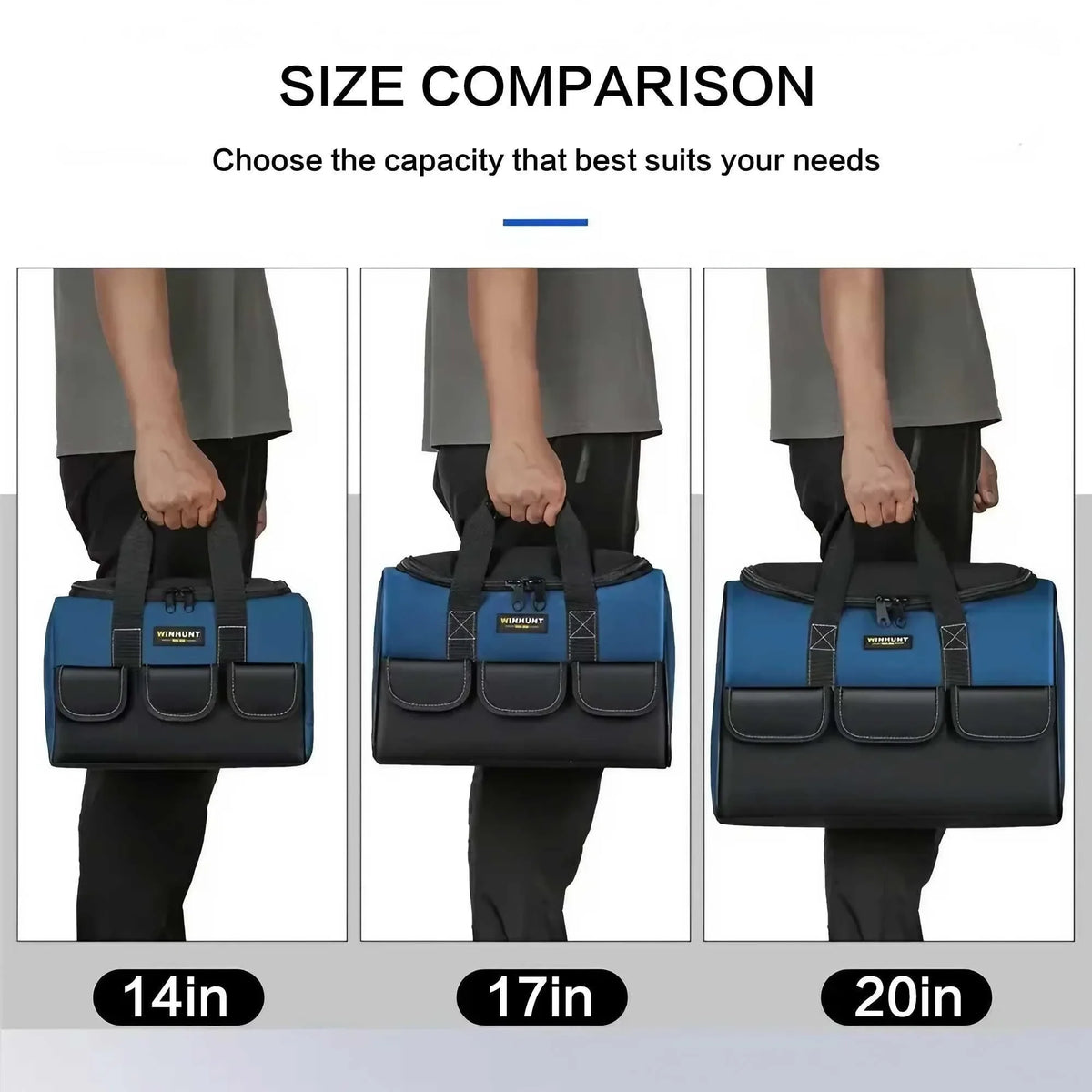 Comparison of heavy duty tool organizer bags in sizes 14in, 17in, and 20in shown being carried by a person.