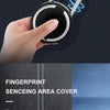 A hand holds a stainless steel padlock with a fingerprint sensing area cover and anti-theft features.