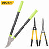 A set of professional alloy pruning shears with black handles and lime green accents for garden and tree care.