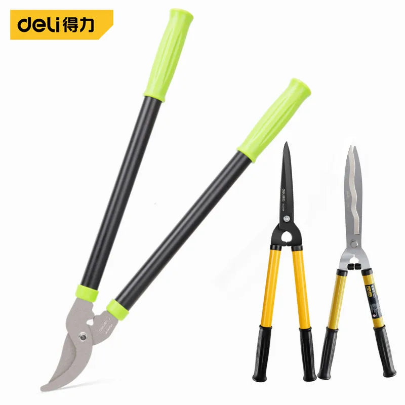 A set of professional alloy pruning shears with black handles and lime green accents for garden and tree care.