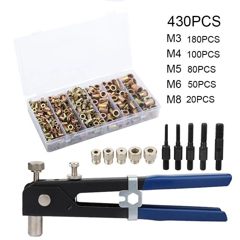A precision rivet gun kit showing various M3 to M8 rivets and a black and blue tool.