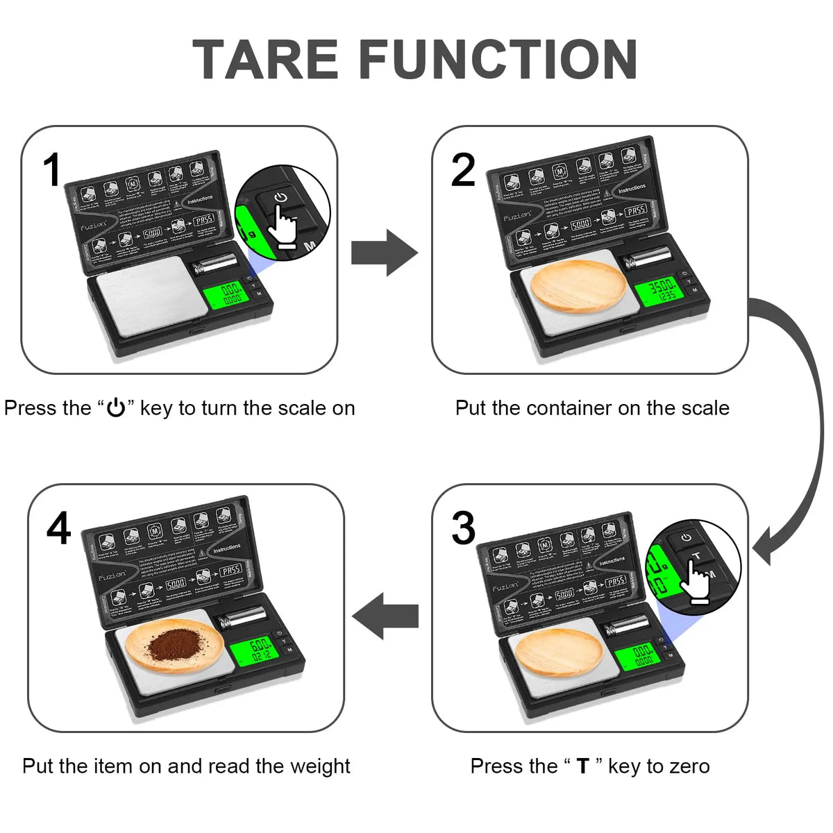 Instructions for using a tare function on a precision digital scale to zero out the container weight.