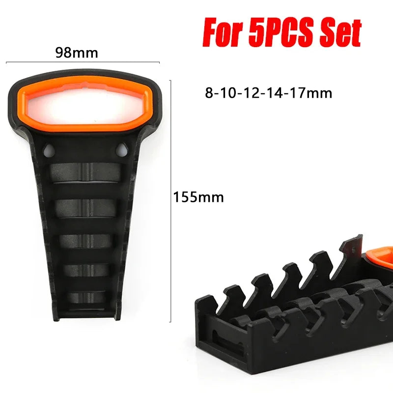 Black plastic wrench organizer rack with an orange grip and various sized slots for hand tools