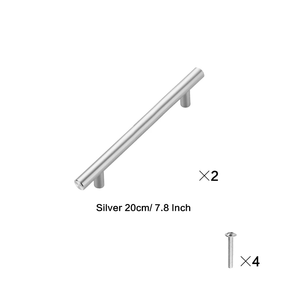 Two silver cabinet handles and four screws shown for installation.