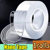 Roll of clear nano double-sided mounting tape shown on a dark background.
