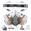 A set of half-face respirator and safety goggles for painting and work, including various components.