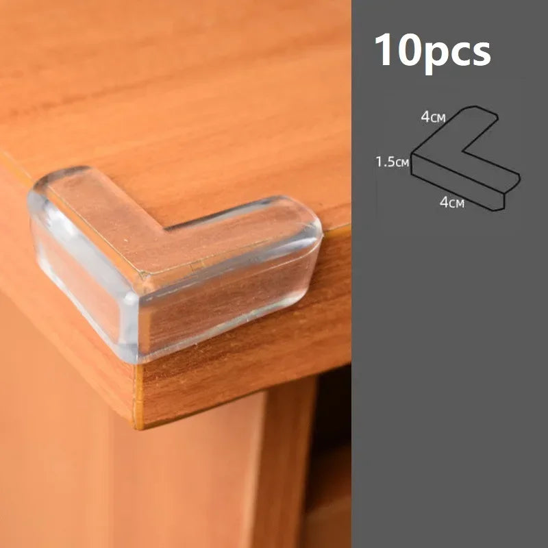 Ten silicone corner edge guards in a translucent amber color used for baby safety on wooden furniture.