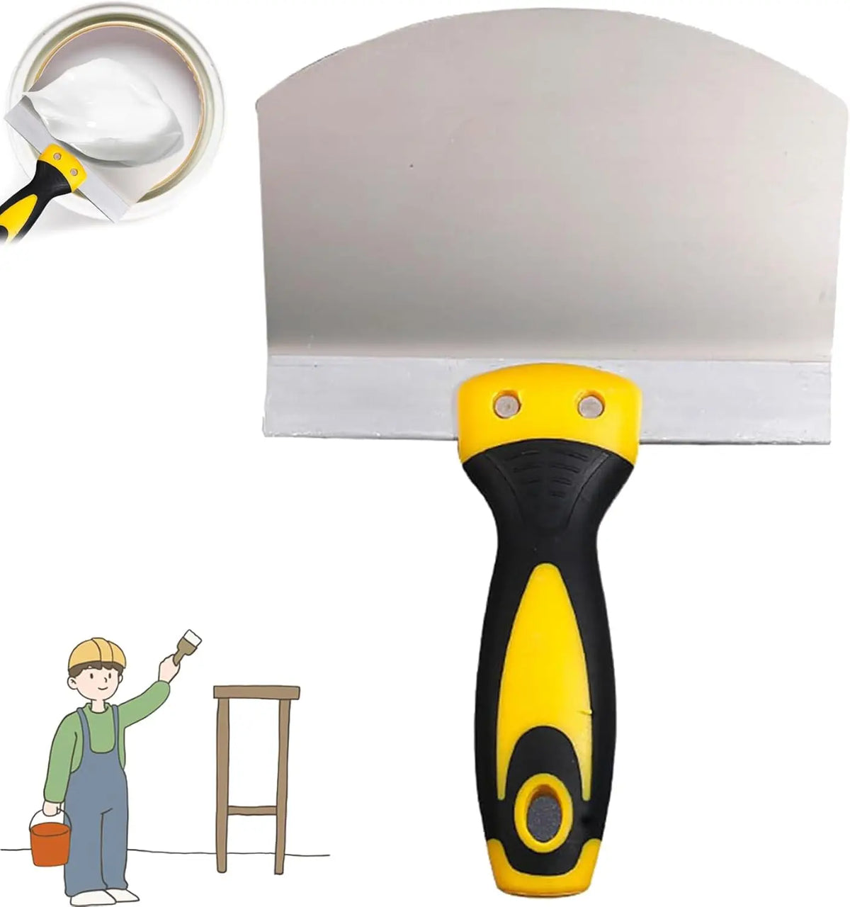 A yellow and black putty knife scraper tool is shown next to a white block and a small container.