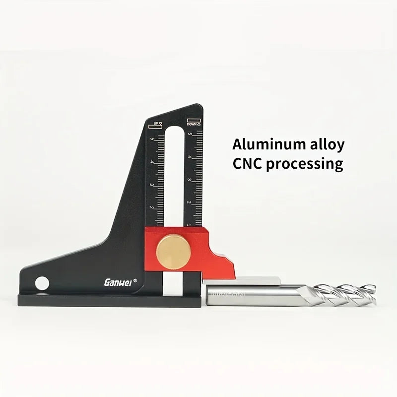 A black precision depth gauge with a scale and a silver rod, used for aluminum alloy CNC processing.
