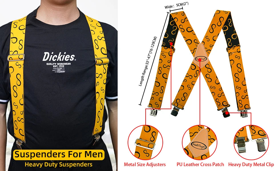 Robuste elastische Hosenträger für Herren mit orangefarbener Musterung und Metallgrößenverstellern