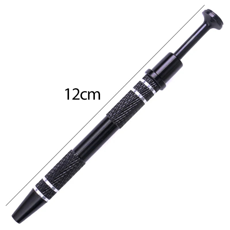 A black precision 4-prong gem and small parts grabber tool with textured grip and a pointed tip.