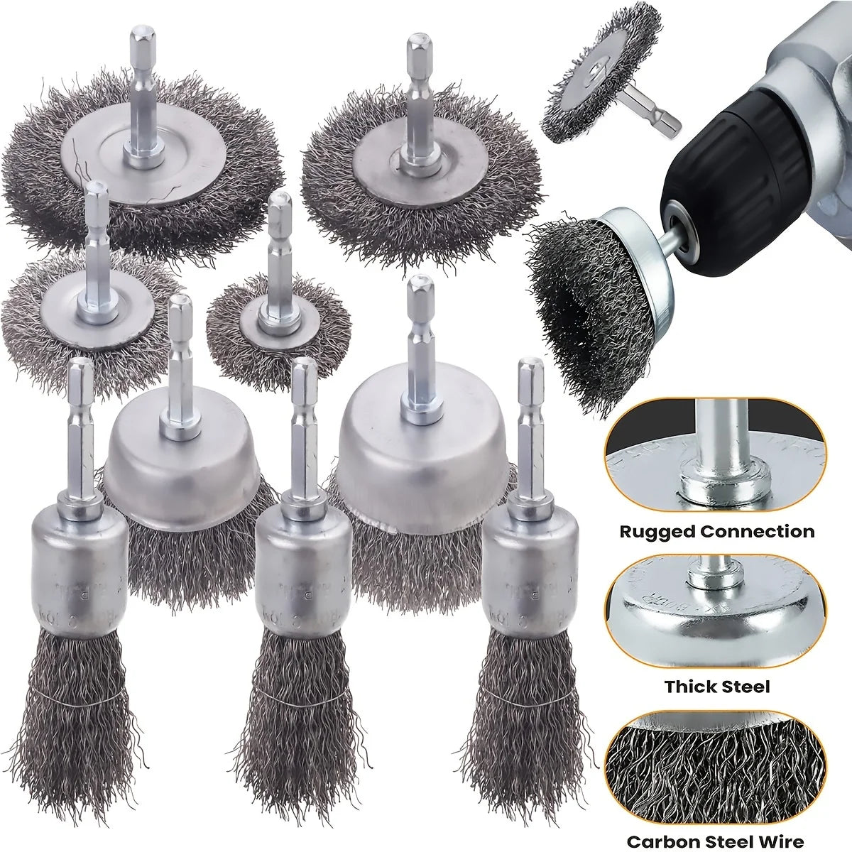 A set of precision wire brushes with various sizes and connections for drilling and polishing tasks.