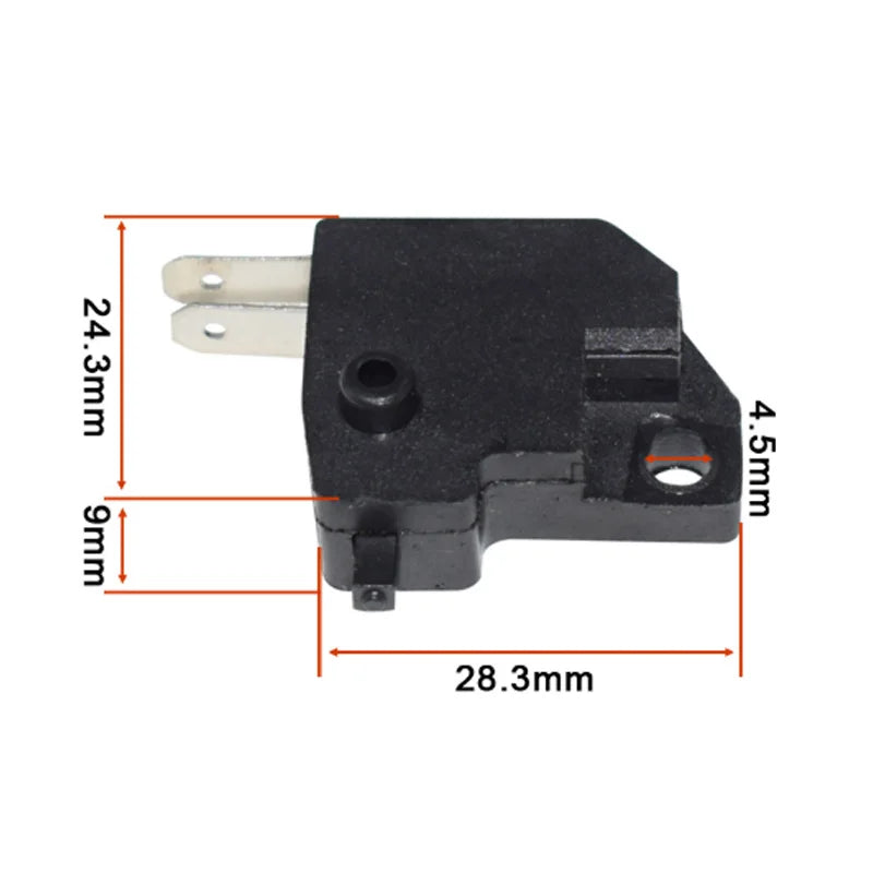 Black electronic brake light switch with mounting features and electrical terminals.