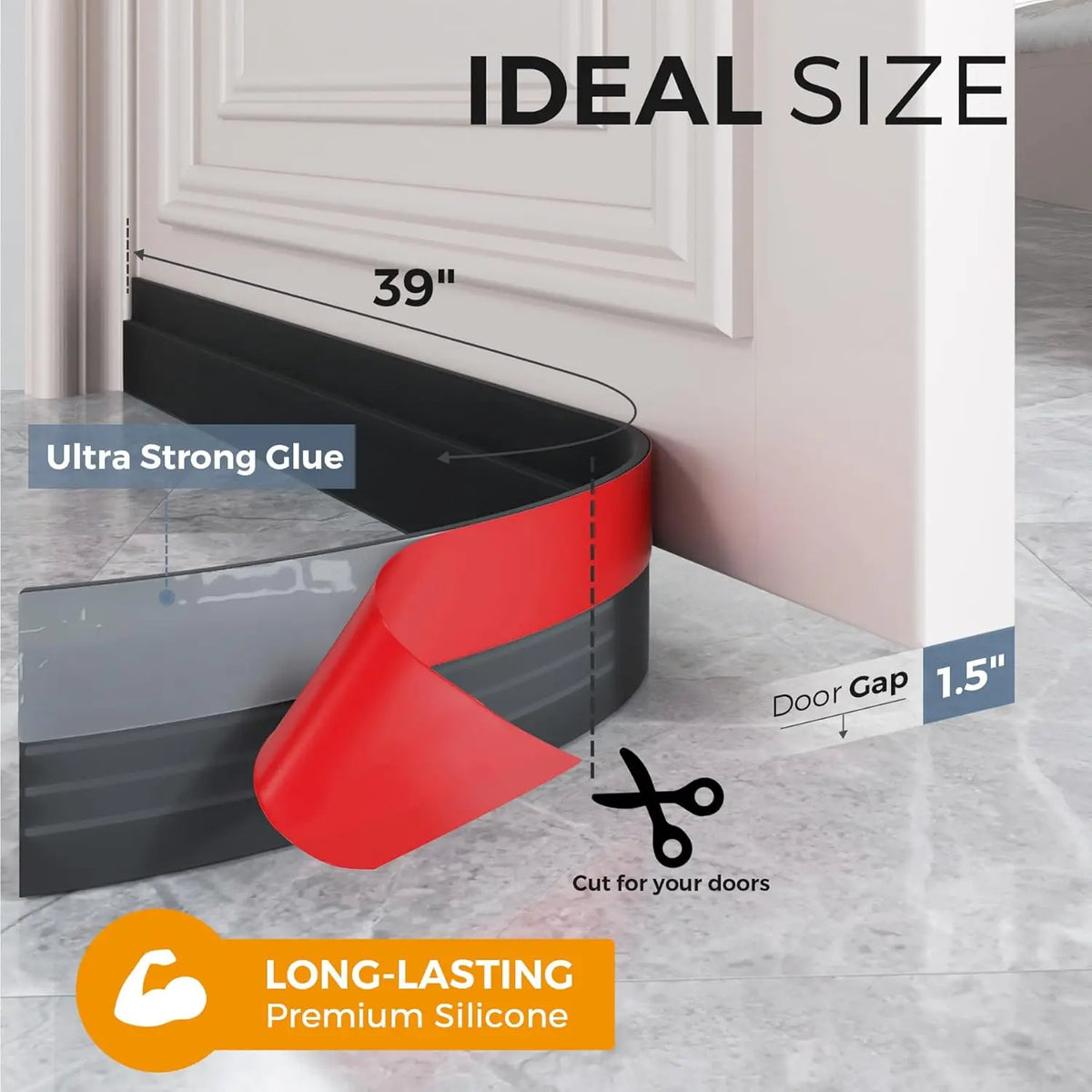 Black and red silicone weather stripping seal designed for door gaps, labeled as ideal size and long-lasting.