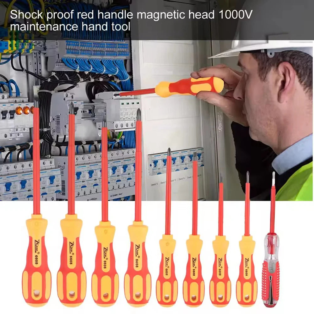 A set of red and yellow magnetic screwdriver handles with a voltage tester used for maintenance tools.