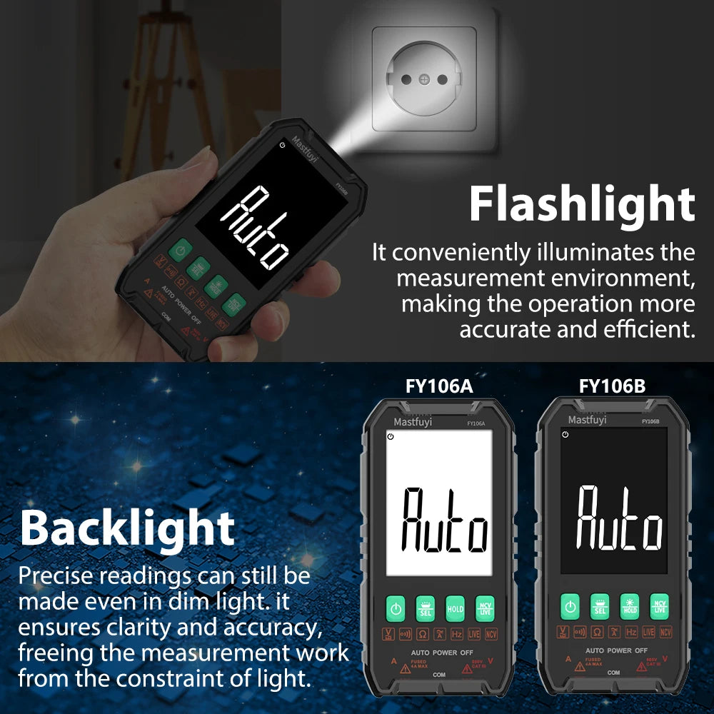 A hand holds a digital multimeter with an Auto function, illustrating its flashlight and backlight features.