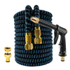 A coiled black and blue expandable high-pressure garden hose set with a gold nozzle attached.