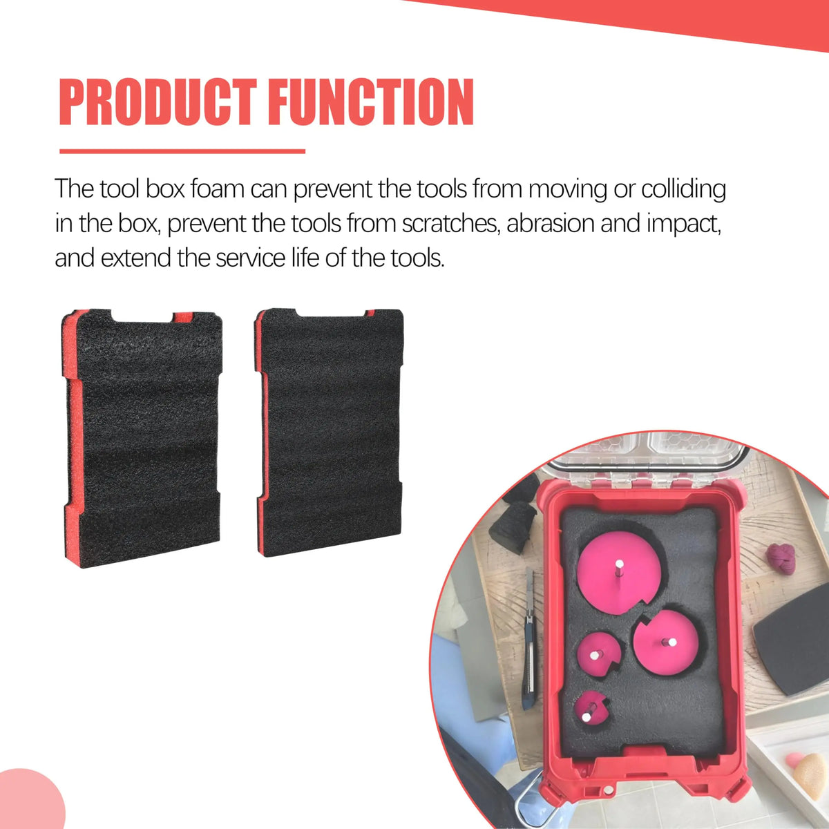 Two black foam inserts designed to prevent tools from moving or colliding inside a toolbox.
