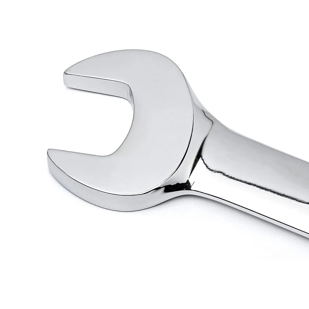 A close-up view of a shiny silver heavy-duty ratcheting combination wrench.