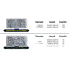 Two assortments of metal pop rivets are shown, detailing various diameters and lengths for DIY projects.