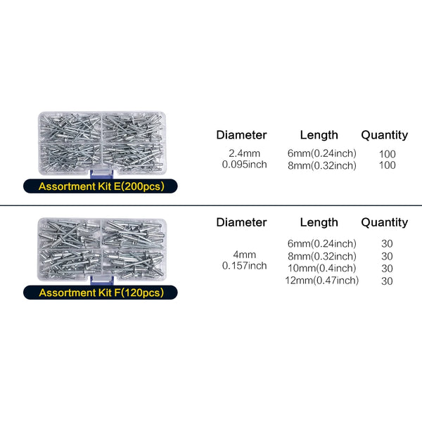 Two assortments of metal pop rivets are shown, detailing various diameters and lengths for DIY projects.