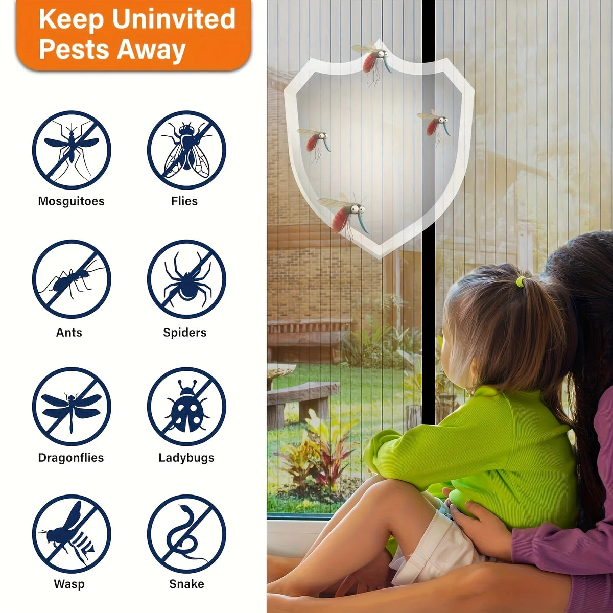 A child is looking through a modern magnetic screen door protecting them from insects like mosquitoes, flies, ants, spiders, 