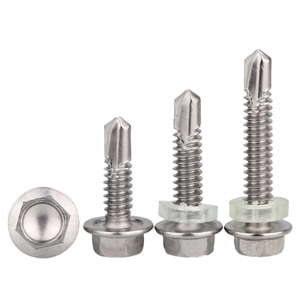 Three heavy-duty self-drilling hex screws with threaded shafts and hexagonal heads.