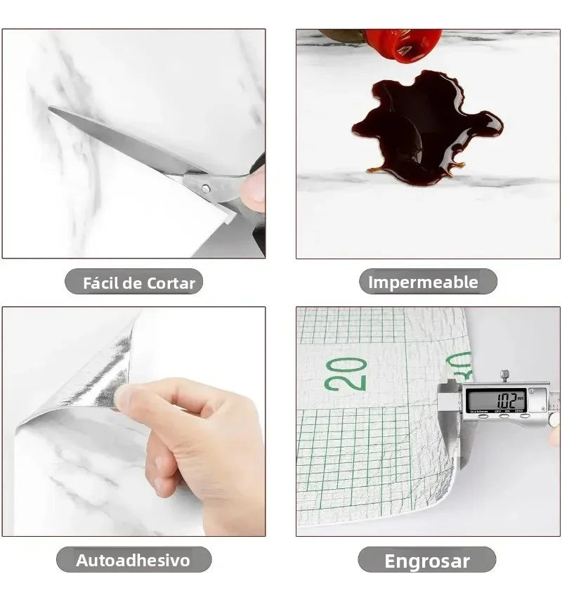 Varias vistas de papel contact de mármol autoadhesivo mostrando facilidad de corte, impermeabilidad y propiedades adhesivas.