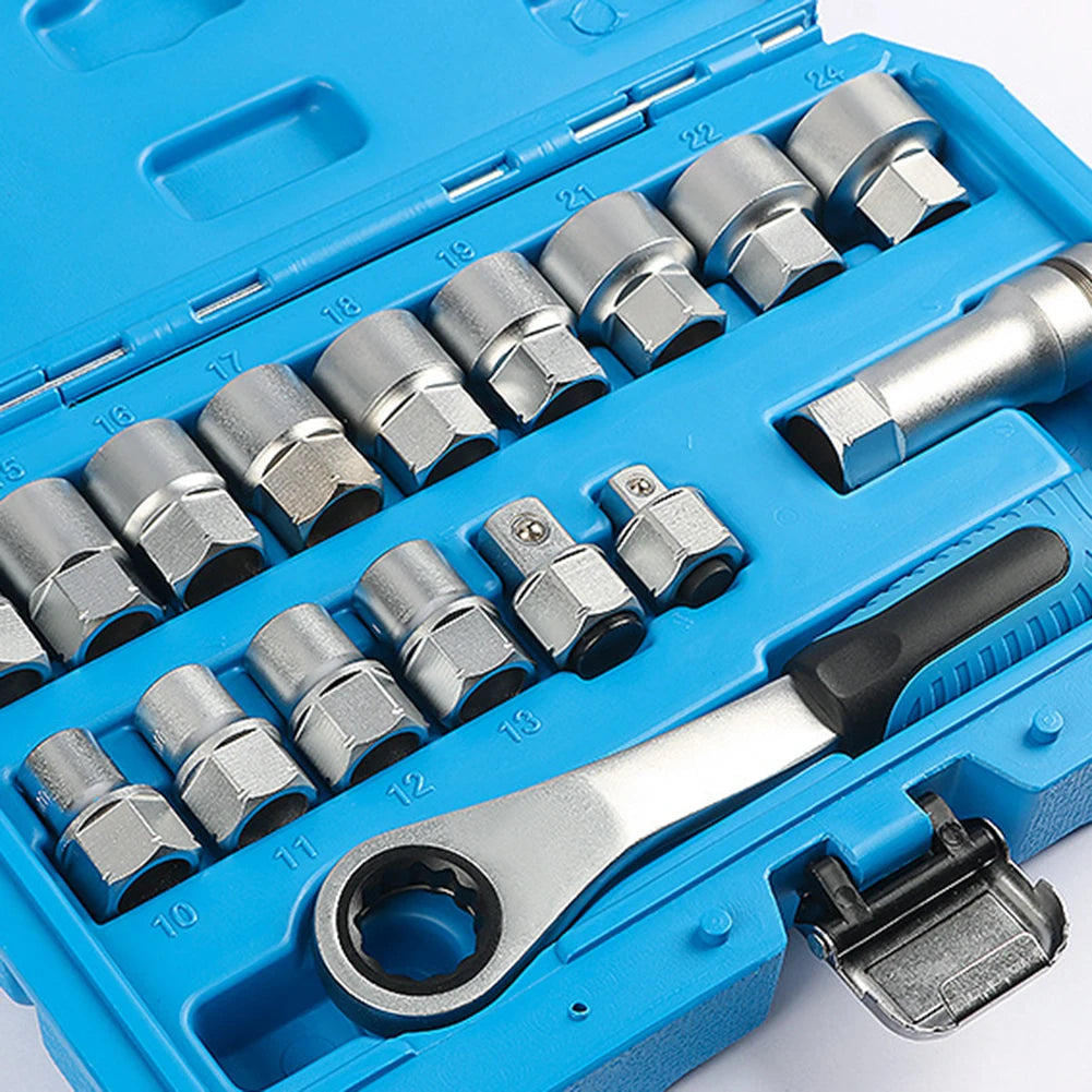 A blue case containing a 17-piece pass-through socket set with a hollow ratchet and various metal tools.