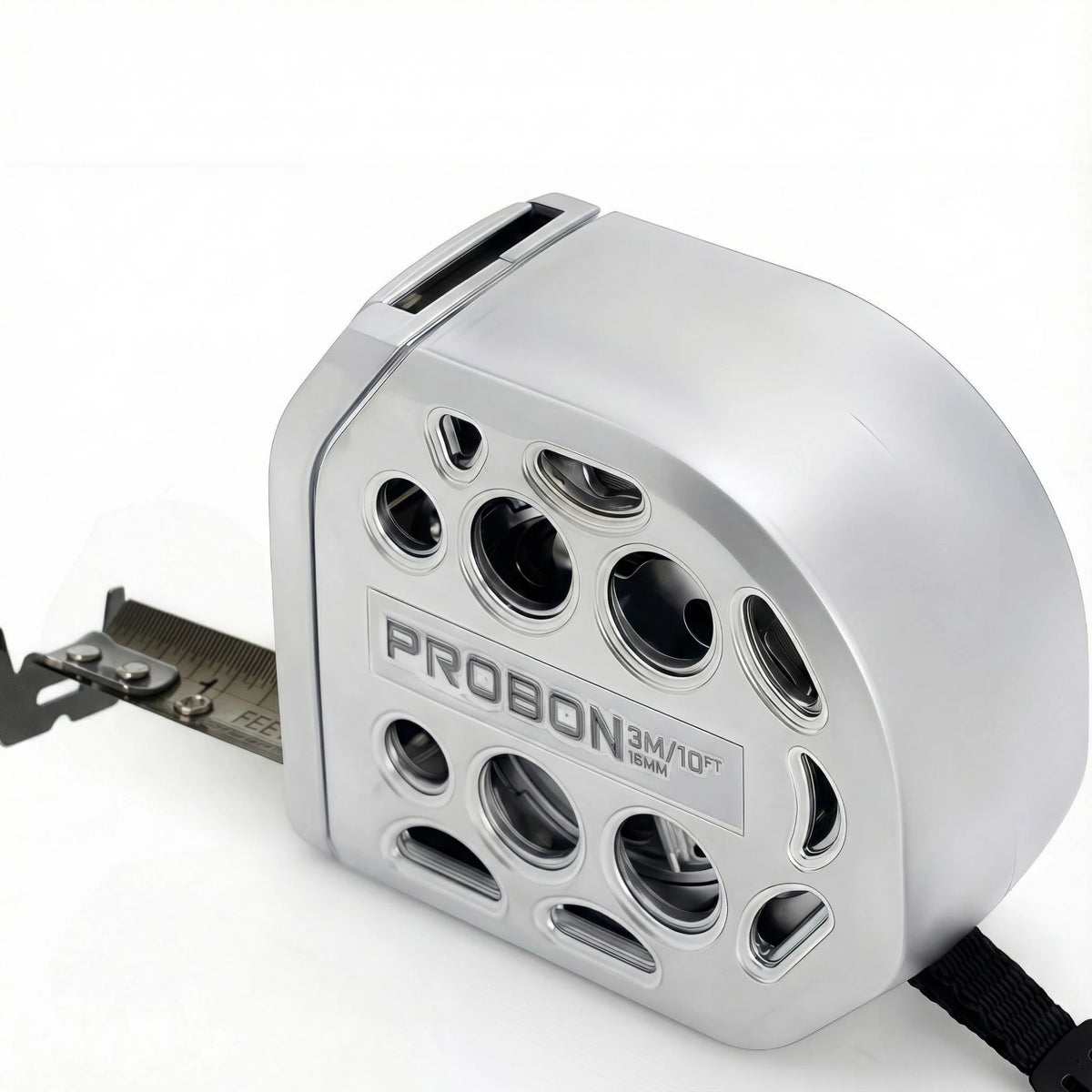 Silver Probon 3m/10ft metal auto lock measuring tape with a black strap.