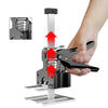 A hand is operating a precision furniture lifter and arm tile adjuster tool with a silver and black mechanism.