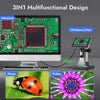 Configuración digital multifuncional de microscopio de 3 en 1 mostrando una placa de circuito, un microscopio y una foto de i