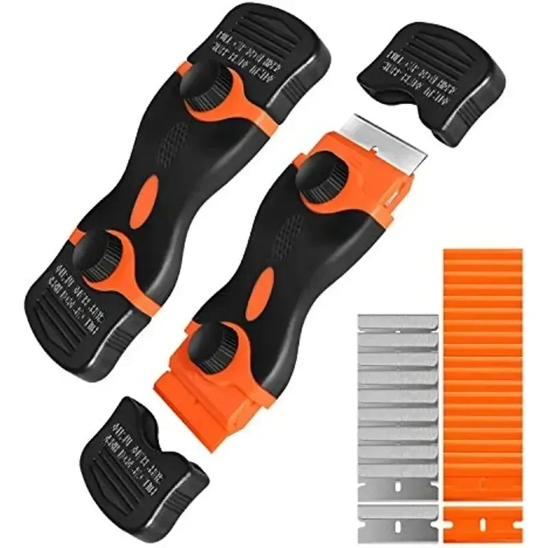 A set of dual-purpose razor scrapers in black and orange for removing glass and adhesive.