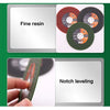 Close-up view of fine resin diamond cutting discs and a notch leveling tool for grinding.