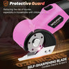 Pink electric scissors with a protective guard and self-sharpening blade shown in use.