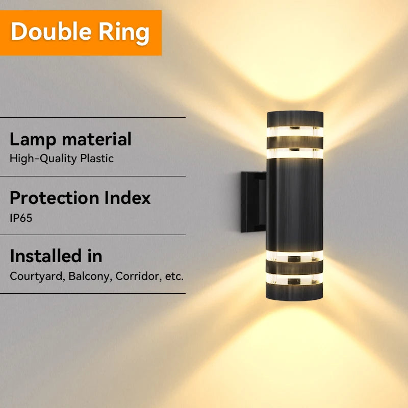 Moderne zylindrische LED-Wandleuchte mit Doppelring-Design, an der Wand montiert.